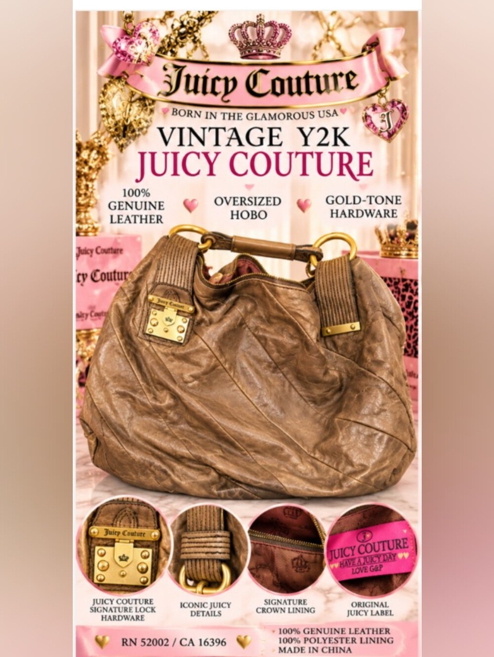 Vintage Y2K Juicy Couture Genuine Leather Oversized Hobo Bag Brown